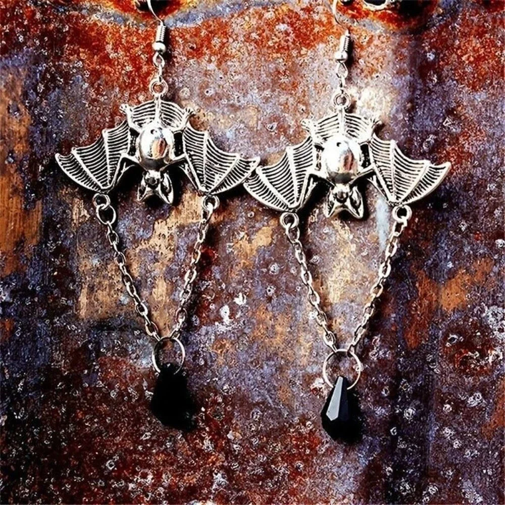 Silver Vampire Bat Black Hanging Teardrop Crystal Goth Chain Dangle Earrings